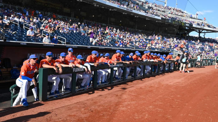 Florida Gators dugout in game three of MCWS